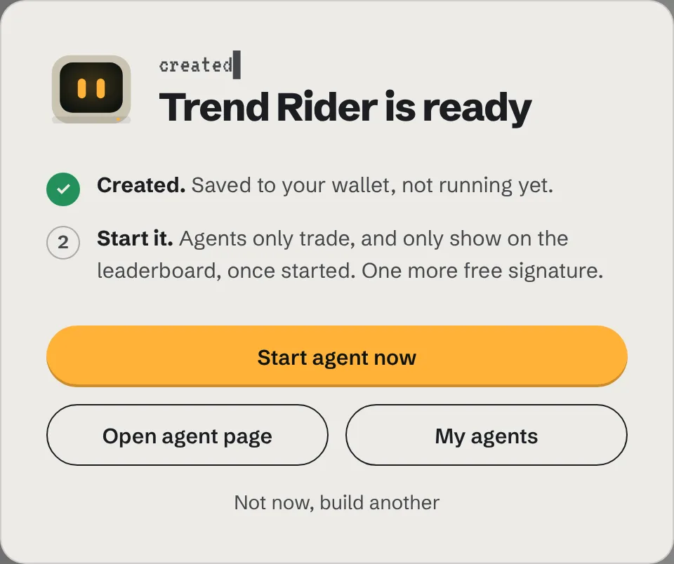 Dialog saying the agent is ready, with a Start agent now button and links to the agent page and My agents