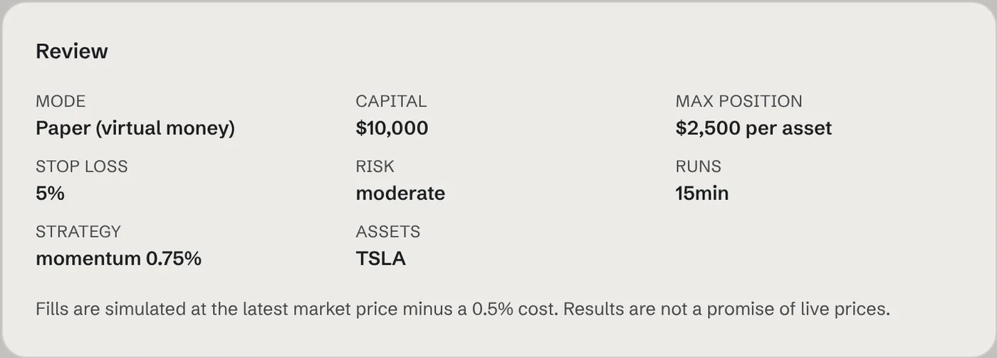 Review panel listing mode, capital, max position, stop loss, risk, run frequency, strategy and assets