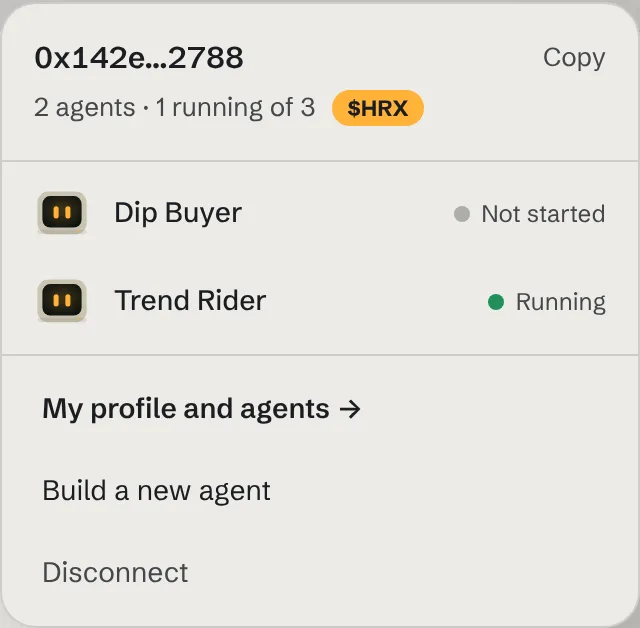 Wallet menu showing the address, agent count, running count, $HRX badge, two agents and profile links